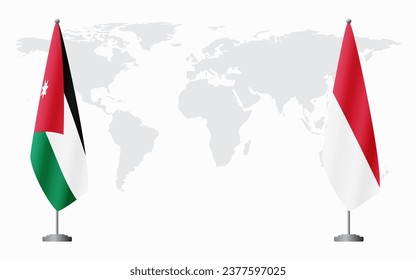 Jordan and Monaco flags for official meeting against background of world map.