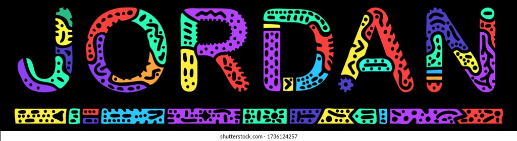 Jordan. Multicolored bright isolate inscription. Colored curves decorative doodle letters. Jordan for print, clothing, t-shirt, souvenir, booklet, banner, flyer, advertising. Stock vector picture.