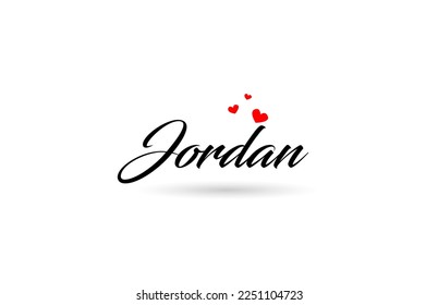 Jordania nombra la palabra país con tres corazones de amor rojos. Diseño del logotipo del icono de tipografía creativa