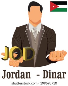 Jordan national currency Jordanian dinar symbol representing money and Flag. Vector design concept of businessman in suit with his open hand over with currency isolated on white background in EPS10.