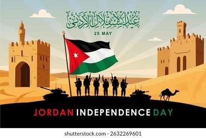 Jordan national day banner design template. Jordan independence day celebrations banner with Jordan flag, camel, soldier silhouette and historical buildings. Best for banner, poster, social media post