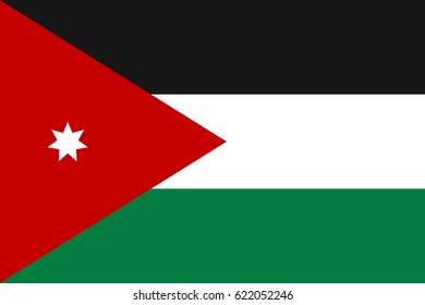 Jordan national flag, horizontal black, white, green bands with a red chevron, symbolic element, patriotic symbol of country, flat vector illustration