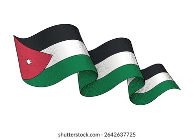 Jordan national flag waving ribbon shape with engraved vintage texture
