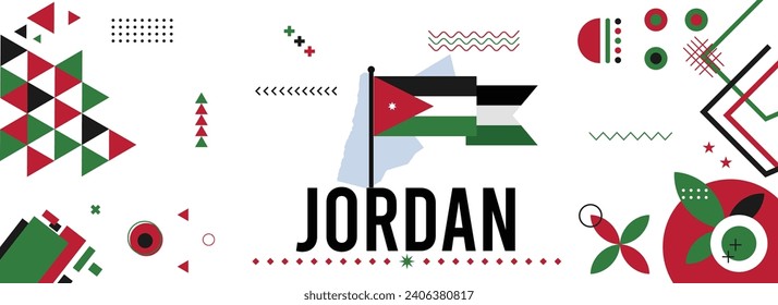 Jordan national or independence day banner for country celebration. Flag and map of Jordan modern retro design with typorgaphy abstract geometric icons. Vector illustration.	
