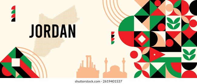 Jordan national vector banner featuring the flag, dotted map, landmarks, and geometric pattern design