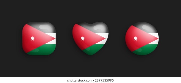 Jordan Official National Flag 3D Vector Glossy Icons In Rounded Square, Heart And Circle Form Isolated On Background. Jordanian Sign And Symbols Graphic Design Elements Volumetric Buttons Collection