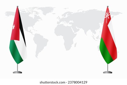 Jordan and Oman flags for official meeting against background of world map.