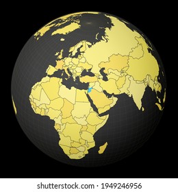 Jordan on dark globe with yellow world map. Country highlighted with blue color. Satellite world projection centered on Jordan. Modern vector illustration.