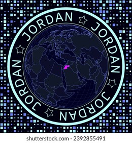 Jordan on globe vector. Futuristic satellite view of the world centered on Jordan. Geographical illustration with shape of country and squares background. Bright neon colors on dark background.