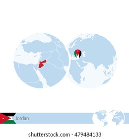 Jordan on world globe with flag and regional map of Jordan. Vector Illustration.