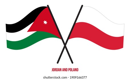 Jordan and Poland Flags Crossed And Waving Flat Style. Official Proportion. Correct Colors.