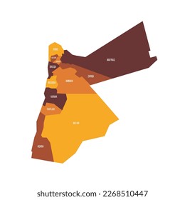 Jordan political map of administrative divisions - governorates. Flat vector map with name labels. Brown - orange color scheme.