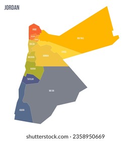 Jordan political map of administrative divisions - governorates. Colorful spectrum political map with labels and country name.