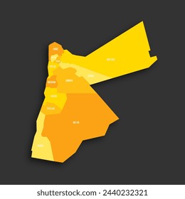 Jordanien politische Karte der administrativen Gliederungen - Gouvernements. Flache Vektor-Map mit gelben Schattierungen und abgeworfenen Schatten auf dunkelgrauem Hintergrund.