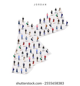 Jordan population map. Large group of realistic a diverse crowd of people figures in a shape of Jordan map. Flat vector illustration isolated on white.