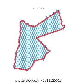 Mapa poblacional de Jordania. Figuras de palo en el mapa del pueblo del Reino Hachemita de Jordania con la cruda frontera del país. Patrón de iconos de hombres y mujeres. Ilustración vectorial aislada. Trazo editable.
