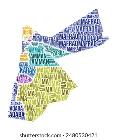 Jordan region word cloud. Country shape design. Jordan colored illustration. Region names collage cloud. Vector illustration.