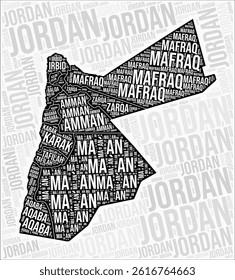 Jordan regions map word cloud. Jordan region names. Black and white map design. Awesome vector illustration.