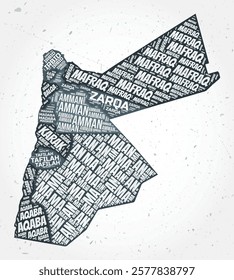 Jordan regions word clouds. Country shape on textured background. Jordan design in typographic style. Beautiful vector illustration.