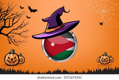 jordan round flag with Happy Halloween banner or party invitation background. bats, spiders and pumpkins, orange background