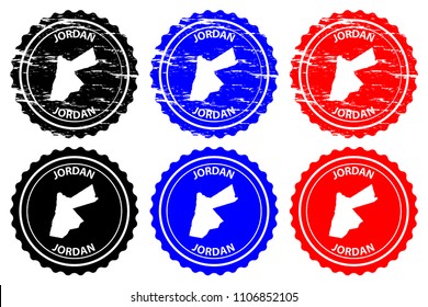 Jordan - rubber stamp - vector, The Hashemite Kingdom of Jordan map pattern - sticker - black, blue and red