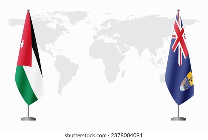 Jordan and Saint Helena flags for official meeting against background of world map.