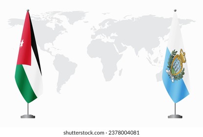 Jordan and San Marino flags for official meeting against background of world map.