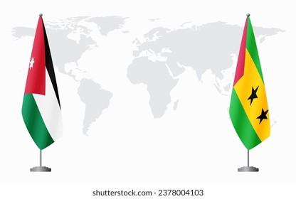 Jordan and Sao Tome and Principe flags for official meeting against background of world map.