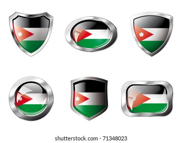 Jordan set shiny buttons and shields of flag with metal frame - vector illustration. Isolated abstract object against white background.