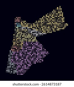 Jordan, shape of the country built of colored cells. Digital style map of Jordan on dark background. Small size rounded square blocks. Abstract vector illustration.