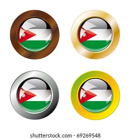 Jordan shiny buttons flag with metal ring vector illustration. Isolated abstract object against white background.