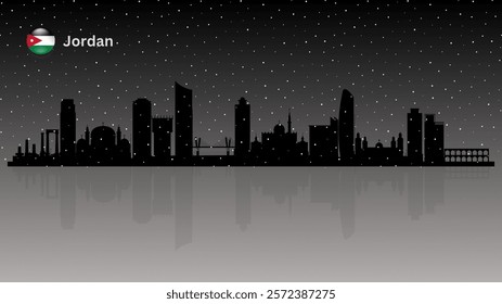 Jordan skyline, Jordan cityscape, Jordan skyscraper buildings beautiful snow falling vector silhouette. vector illustrator