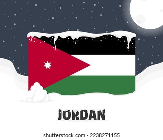 Jordan snowy weather concept, cold weather and snowfall, Jordan weather forecast winter banner idea, snow cap on flag with snowballs and moon, blizzard and adverse weather conditions
