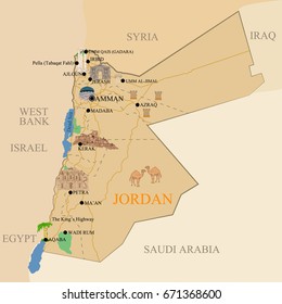 Jordan Tourist Map with Landmarks and Main Cities