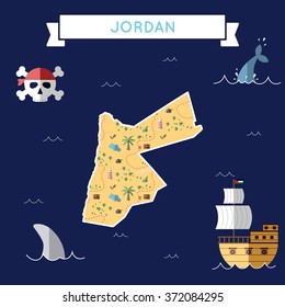 Jordan treasure map in flat design. Colorful cartoon treasure map of Jordan with flat design icons of pirate ship and jolly roger. Jordan flat design vector illustration.