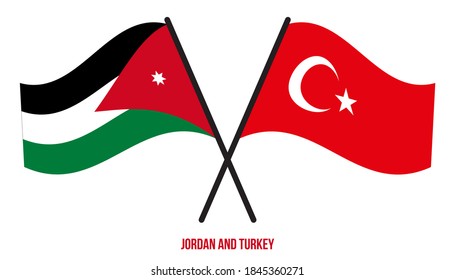Banderas de Jordania y Turquía cruzan y ondean estilo plano. Proporción oficial. Colores correctos.
