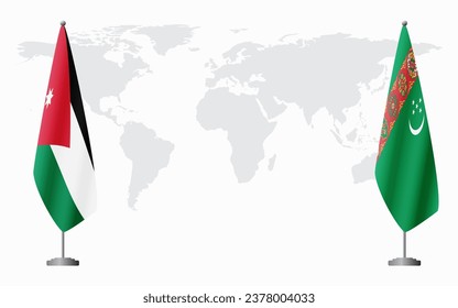 Jordan and Turkmenistan flags for official meeting against background of world map.