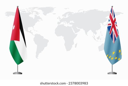 Jordan and Tuvalu flags for official meeting against background of world map.