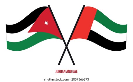 Banderas de Jordania y los Emiratos Árabes Unidos Cruzaron y ondearon estilo plano. Proporción oficial. Colores correctos.