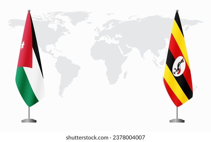 Jordan and Uganda flags for official meeting against background of world map.