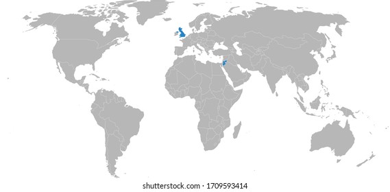 Jordan, United Kingdom countries highlighted on world map. Light gray background. Business concepts, diplomatic, trade, transport relations.