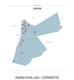 Jordan vector map. Editable template with regions, cities, red pins and blue surface on white background. 