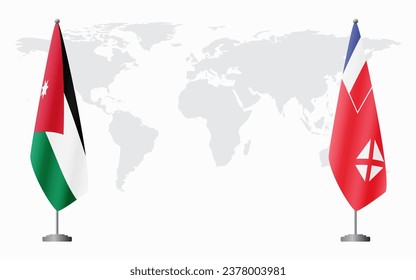 Jordan and Wallis and Futuna flags for official meeting against background of world map.