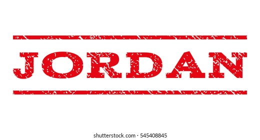 Jordan watermark stamp. Text caption between horizontal parallel lines with grunge design style. Rubber seal stamp with unclean texture. Vector intensive red color ink imprint on a white background.