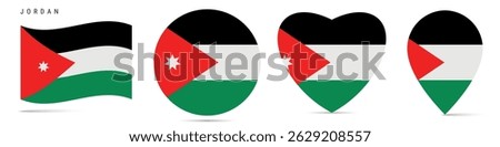 Jordan waving flag, round circle sticker badge, heart shaped icon, map pin. Hashemite Kingdom of Jordan flag buttons of different shapes. Vector illustration isolated on white.
