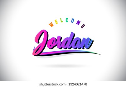Jordan Welcome To Word Text with Creative Purple Pink Handwritten Font and Swoosh Shape Design Vector Illustration.