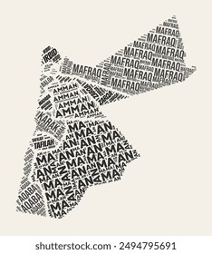 Jordan Word Cloud. Country with regions division. Jordan typographic text clouds vector image design. Vintage gazette style country shape image. Awesome vector illustration.