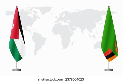 Jordan and Zambia flags for official meeting against background of world map.