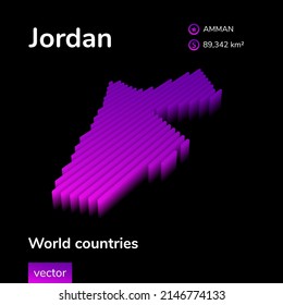 Jordan3D map. Stylized isometric vector 3d map of Jordan in neon violet colors on black background. Geographic map, infographic element.