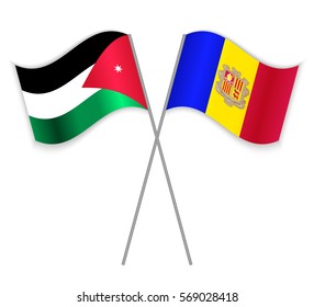 Jordanian and Andorran crossed flags. Jordan combined with Andorra isolated on white. Language learning, international business or travel concept.